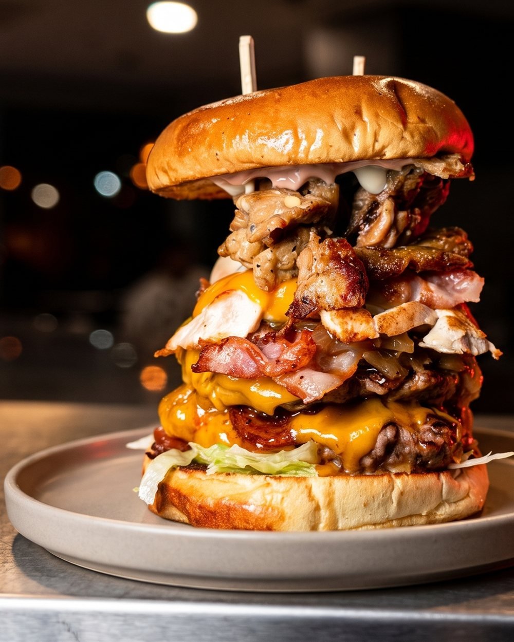 Torre de hamburguesa con cheddar fundido, bacon y pollo a la plancha